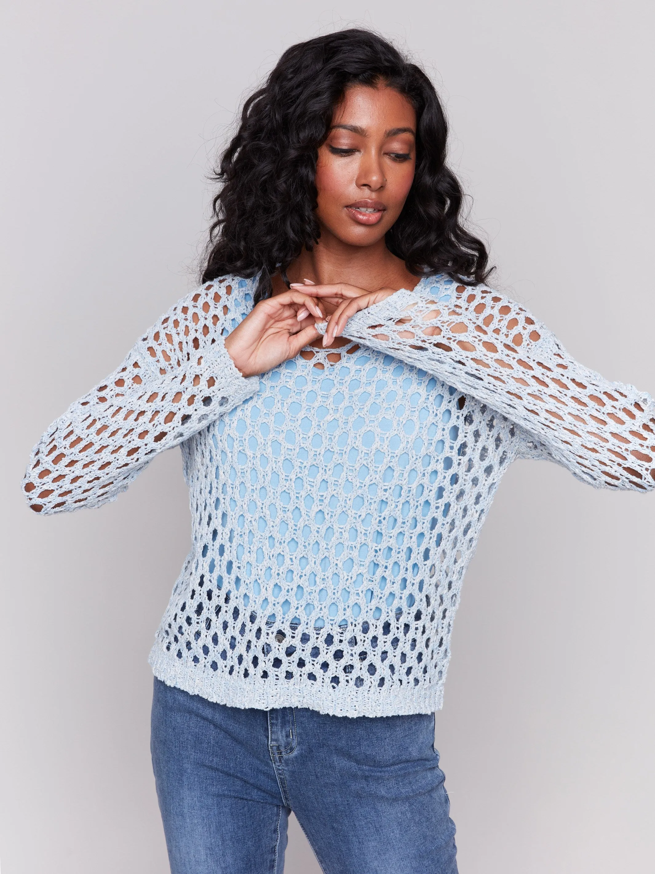 Braided Fishnet V-Neck Sweater - Denim