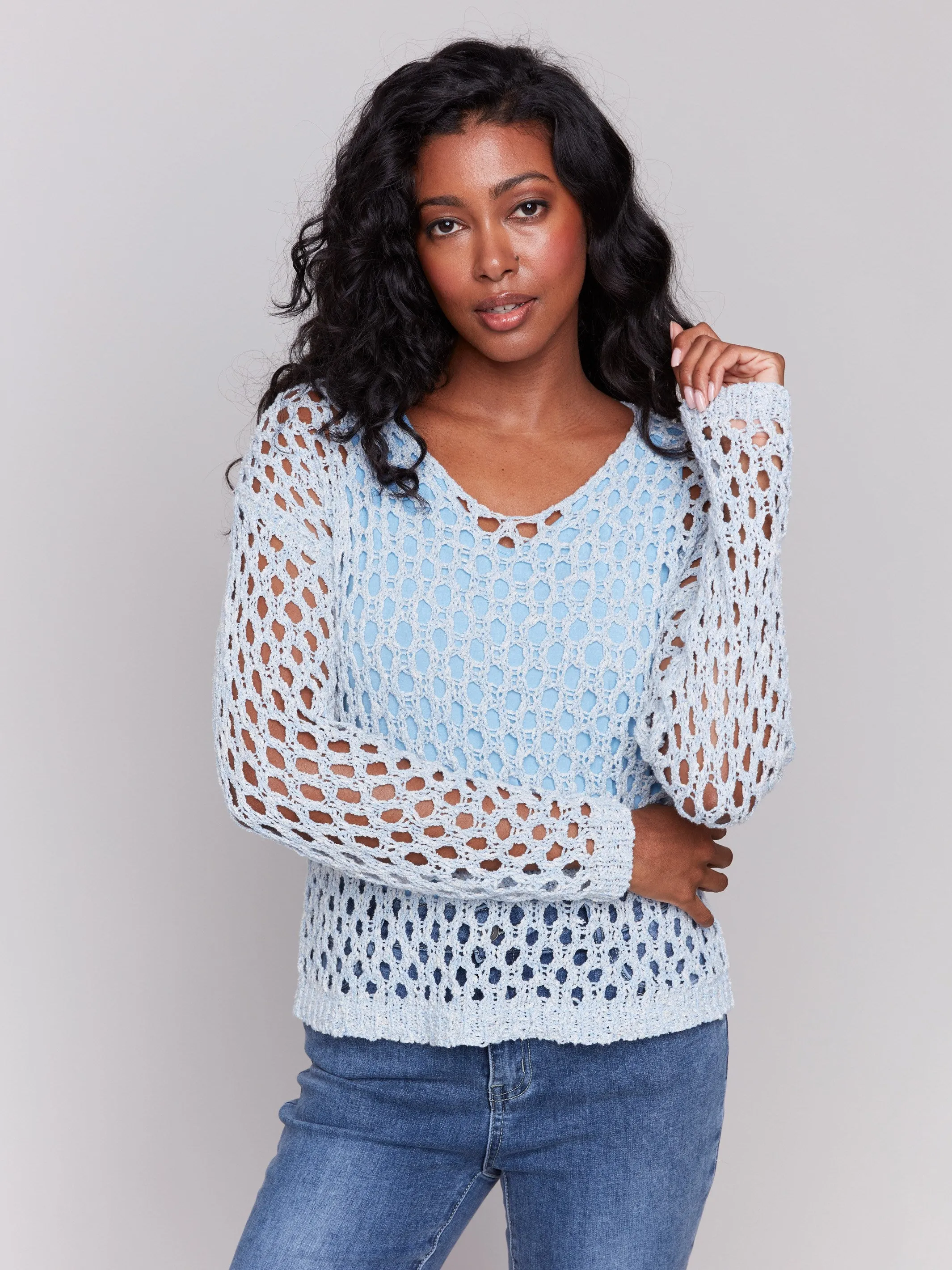 Braided Fishnet V-Neck Sweater - Denim