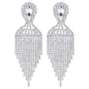 Bridal Banquet Teardrop Crystal Rhinestone Cluster Chandelier Waterfall Tassel Large Dangle Earrings