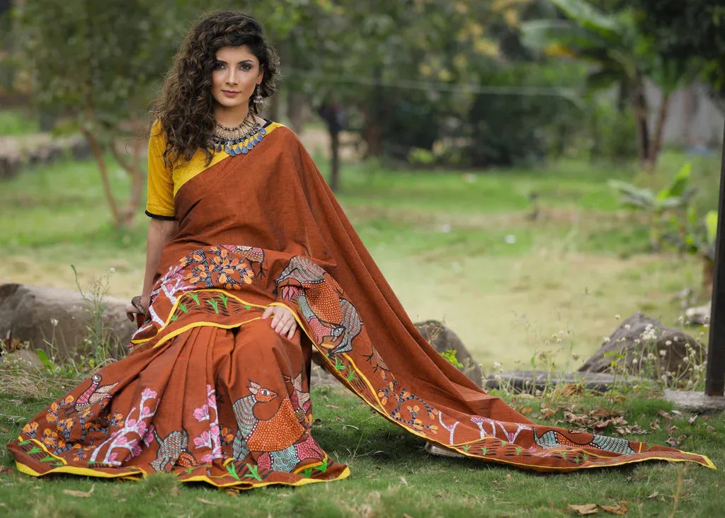 BROWN HANDLOOM COTTON SAREE WITH INTRICATE & ELABORATE GOND HAND PAINTED BORDER