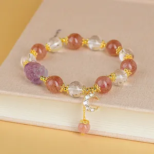 Buddha Stones Natural White Strawberry Quartz Crystal Healing Love Nine-tailed Fox  Moon Pendant Bracelet