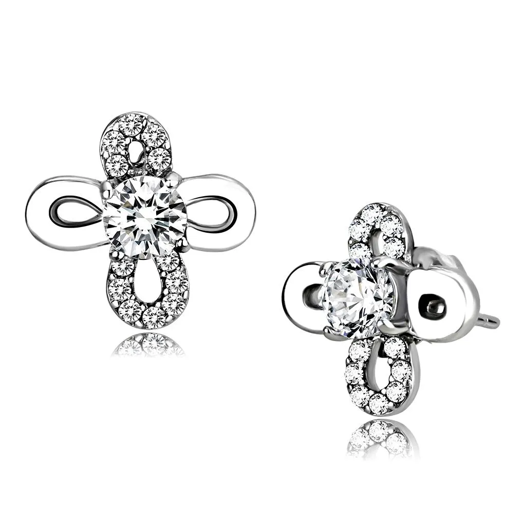 Clear Round CZ Stainless Steel Women's Earrings - High Polished, AAA Grade