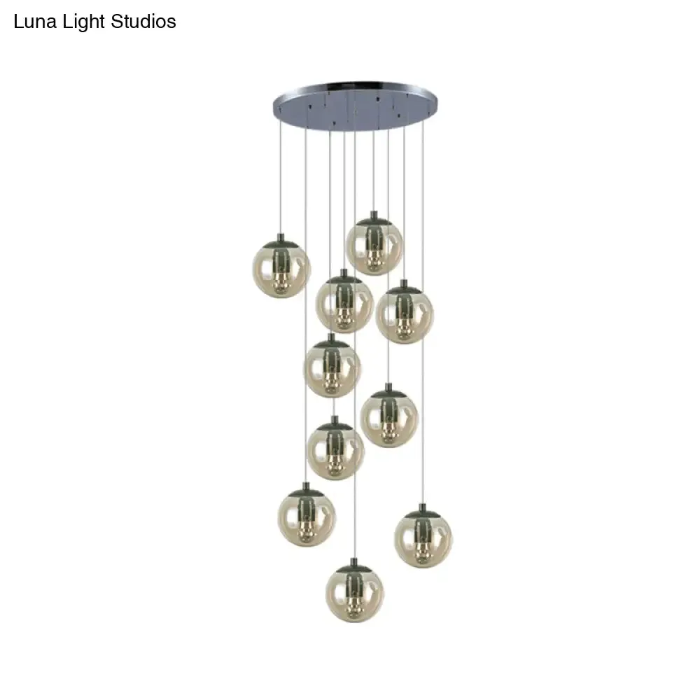 Cognac Glass Globe Cluster Pendant - 10-Light Ceiling Light for Stairs