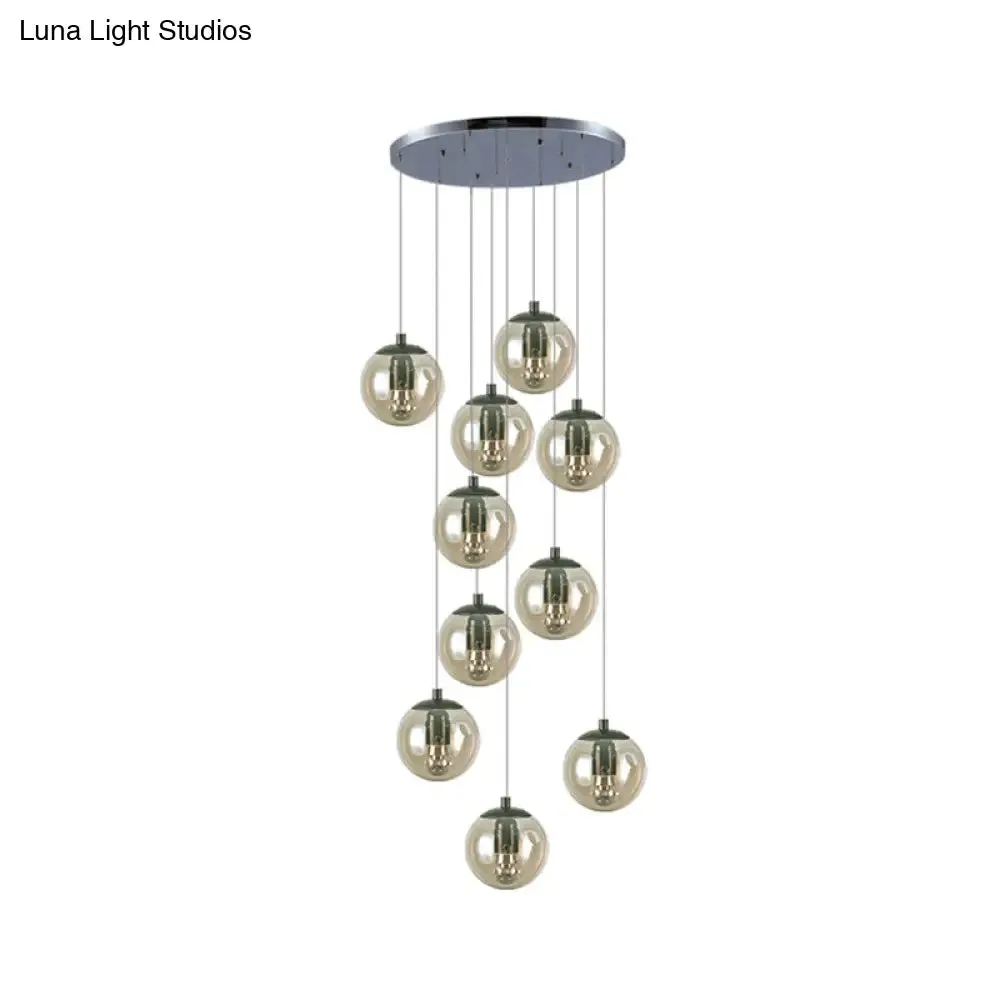 Cognac Glass Globe Cluster Pendant - 10-Light Ceiling Light for Stairs