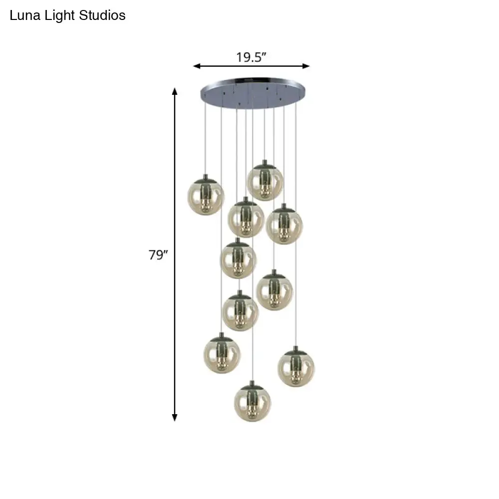 Cognac Glass Globe Cluster Pendant - 10-Light Ceiling Light for Stairs