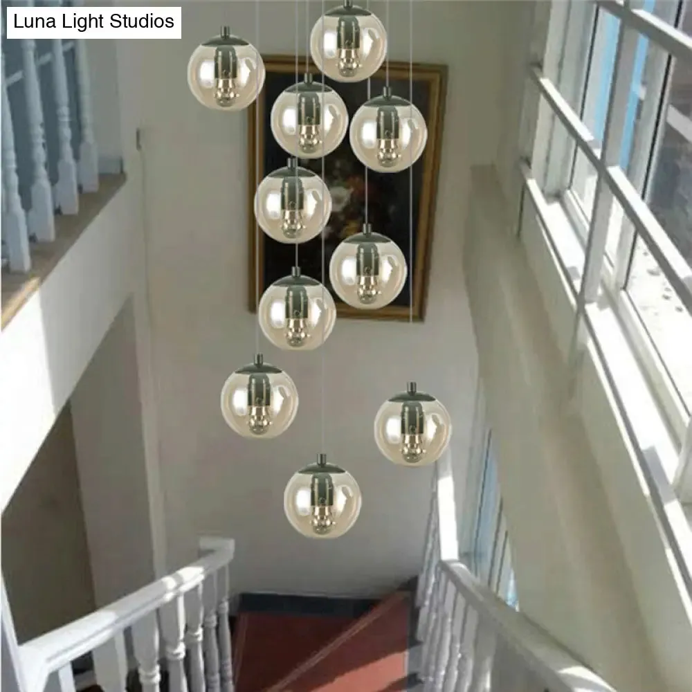 Cognac Glass Globe Cluster Pendant - 10-Light Ceiling Light for Stairs