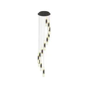 Contemporary 12-Head Metal Tubular Multi Pendant Light Fixture with Spiral Design, Black and White