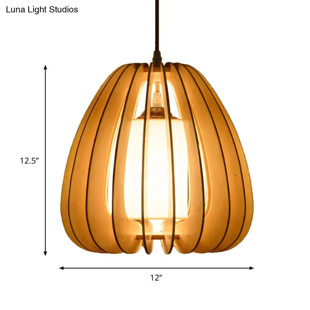 Contemporary Beige Pear Hanging Lamp - Wood Ceiling Pendant Light for Restaurants