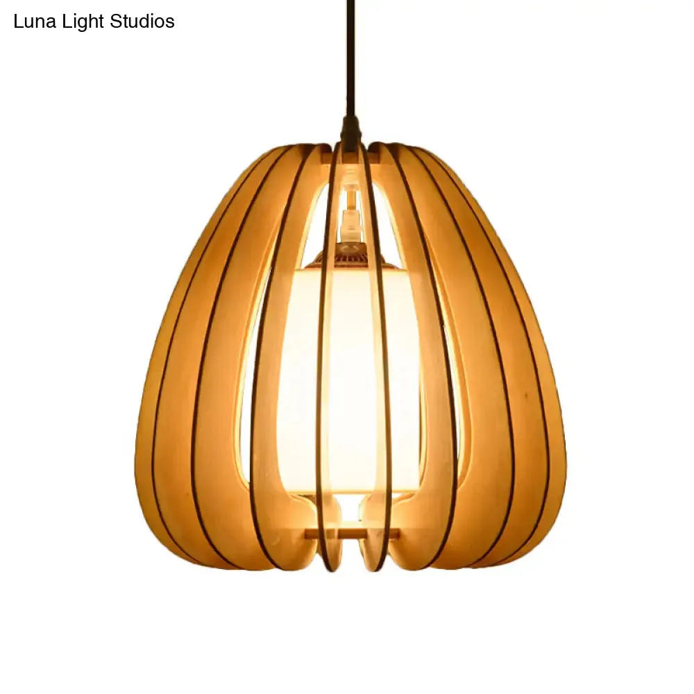 Contemporary Beige Pear Hanging Lamp - Wood Ceiling Pendant Light for Restaurants
