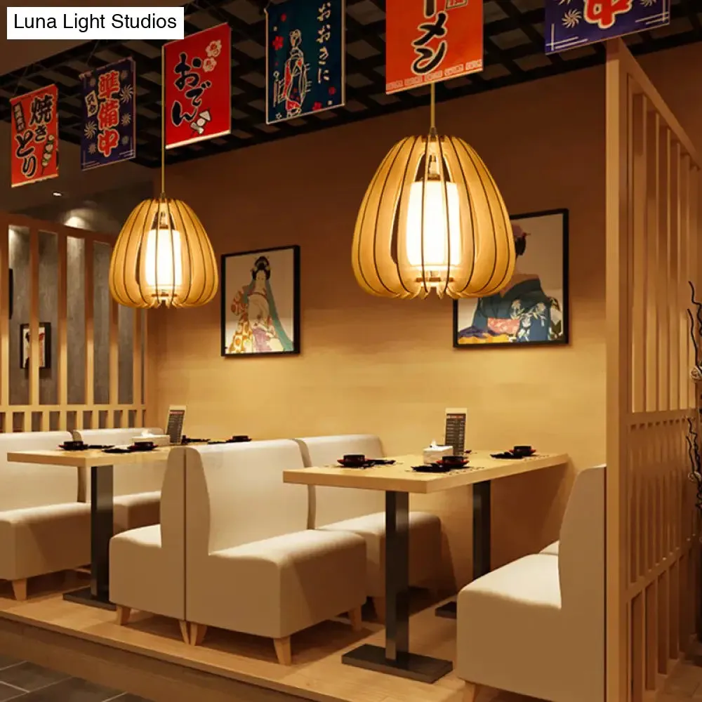 Contemporary Beige Pear Hanging Lamp - Wood Ceiling Pendant Light for Restaurants