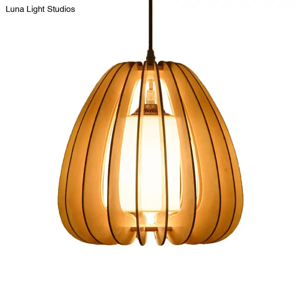Contemporary Beige Pear Hanging Lamp - Wood Ceiling Pendant Light for Restaurants