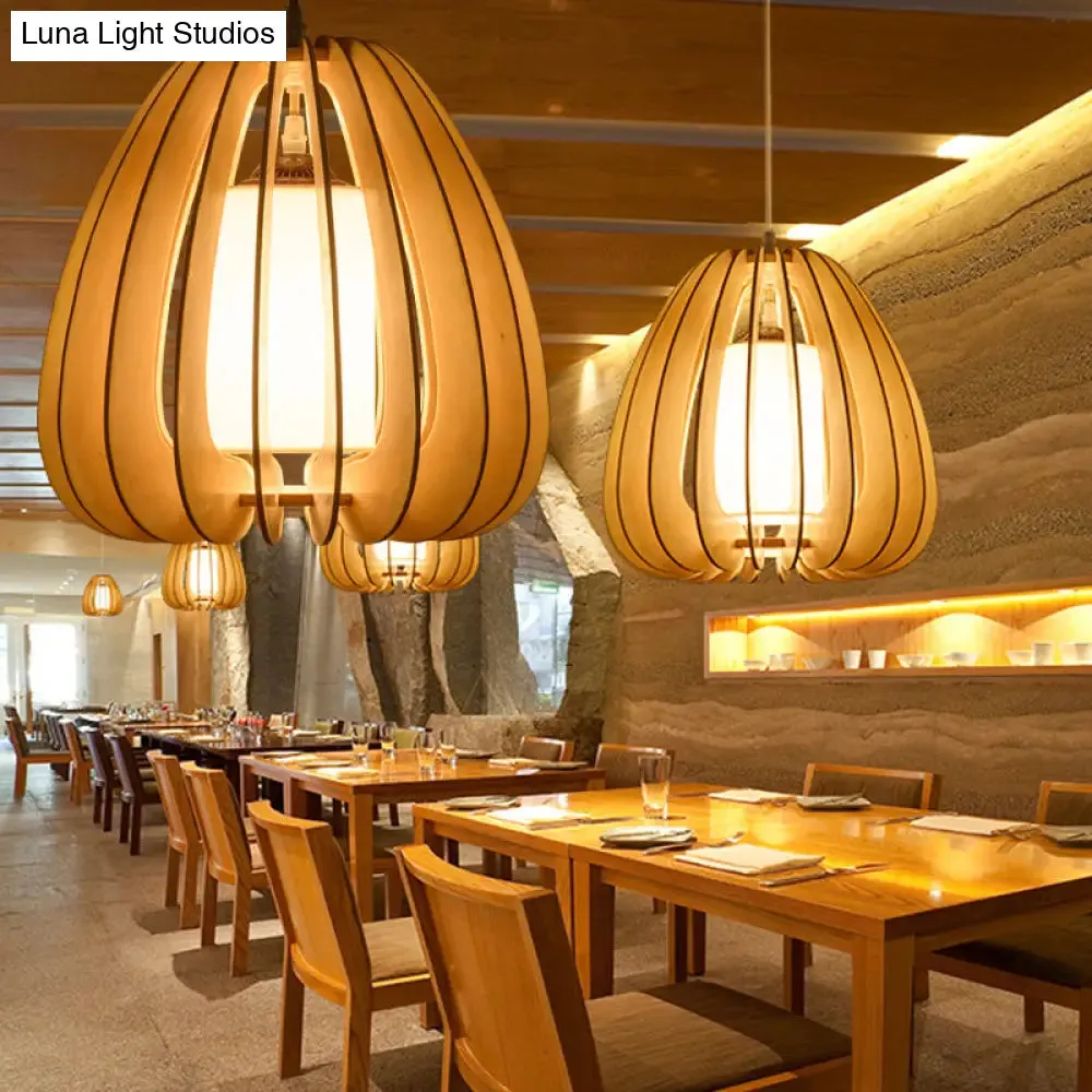 Contemporary Beige Pear Hanging Lamp - Wood Ceiling Pendant Light for Restaurants