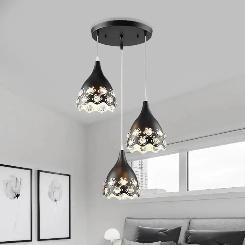 Contemporary Black Teardrop Cluster Pendant with Crystal-Encrusted Hanging Light