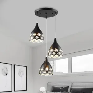 Contemporary Black Teardrop Cluster Pendant with Crystal-Encrusted Hanging Light