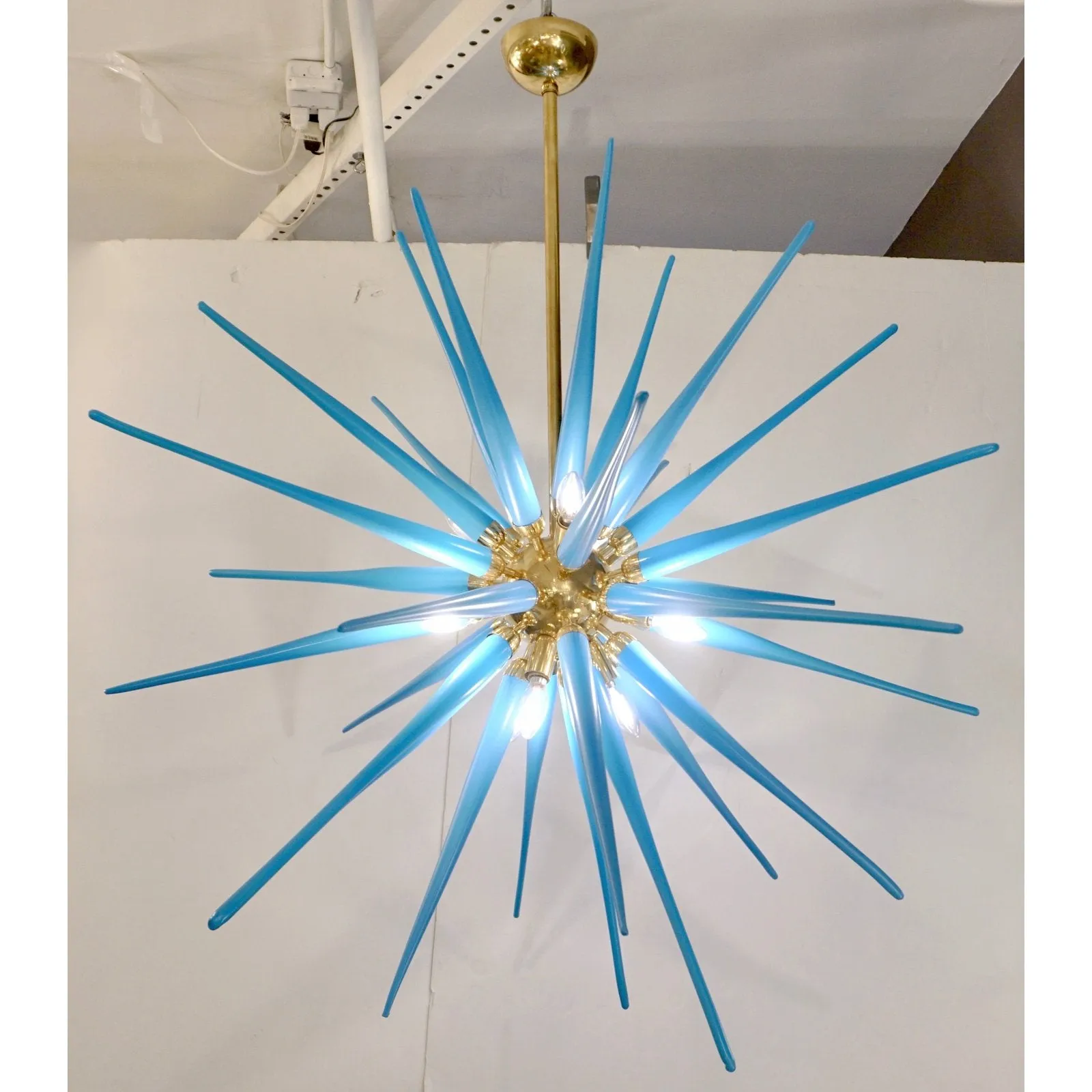 Contemporary Italian Aquamarine Blue Murano Glass Paste Modern Brass Sputnik