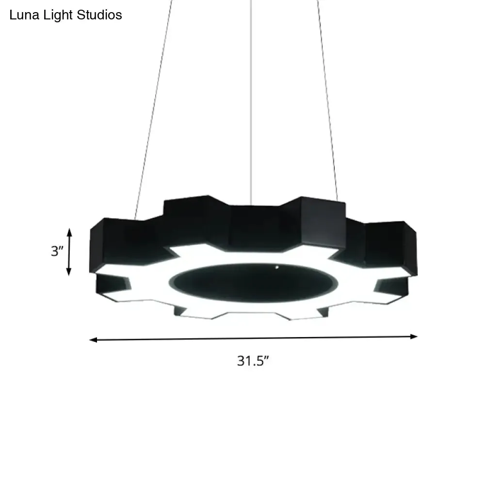Contemporary Metal LED Pendant Lamp for Gym - Wide Gear Shape, White/Black, White/Warm Light