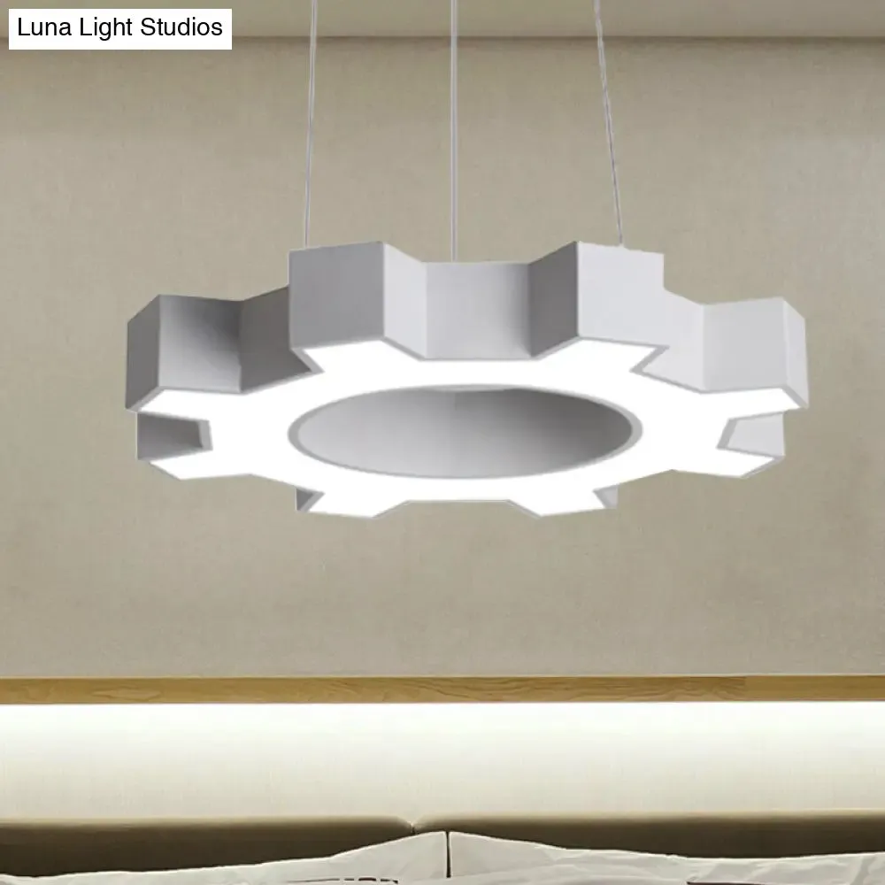 Contemporary Metal LED Pendant Lamp for Gym - Wide Gear Shape, White/Black, White/Warm Light