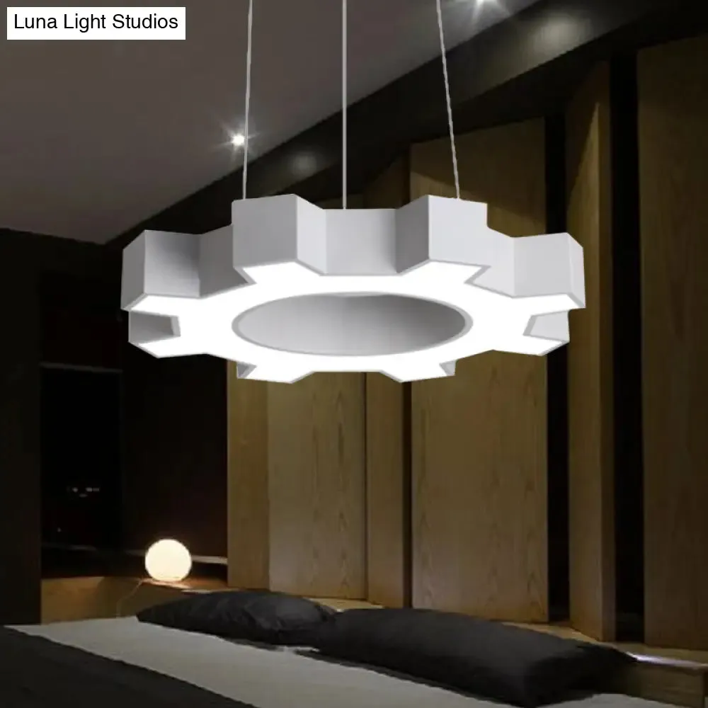 Contemporary Metal LED Pendant Lamp for Gym - Wide Gear Shape, White/Black, White/Warm Light