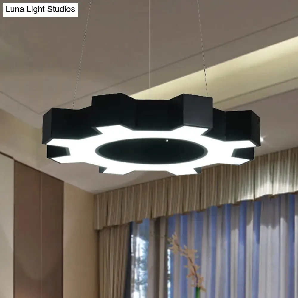 Contemporary Metal LED Pendant Lamp for Gym - Wide Gear Shape, White/Black, White/Warm Light