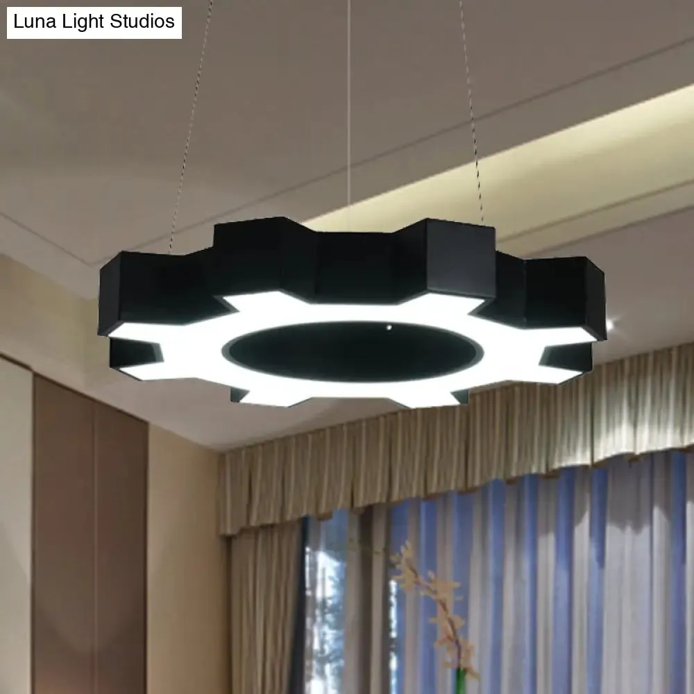 Contemporary Metal LED Pendant Lamp for Gym - Wide Gear Shape, White/Black, White/Warm Light