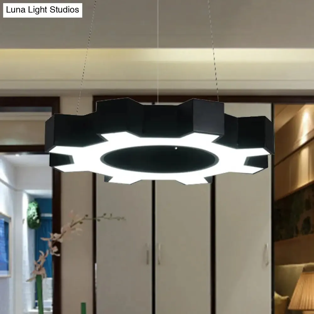 Contemporary Metal LED Pendant Lamp for Gym - Wide Gear Shape, White/Black, White/Warm Light