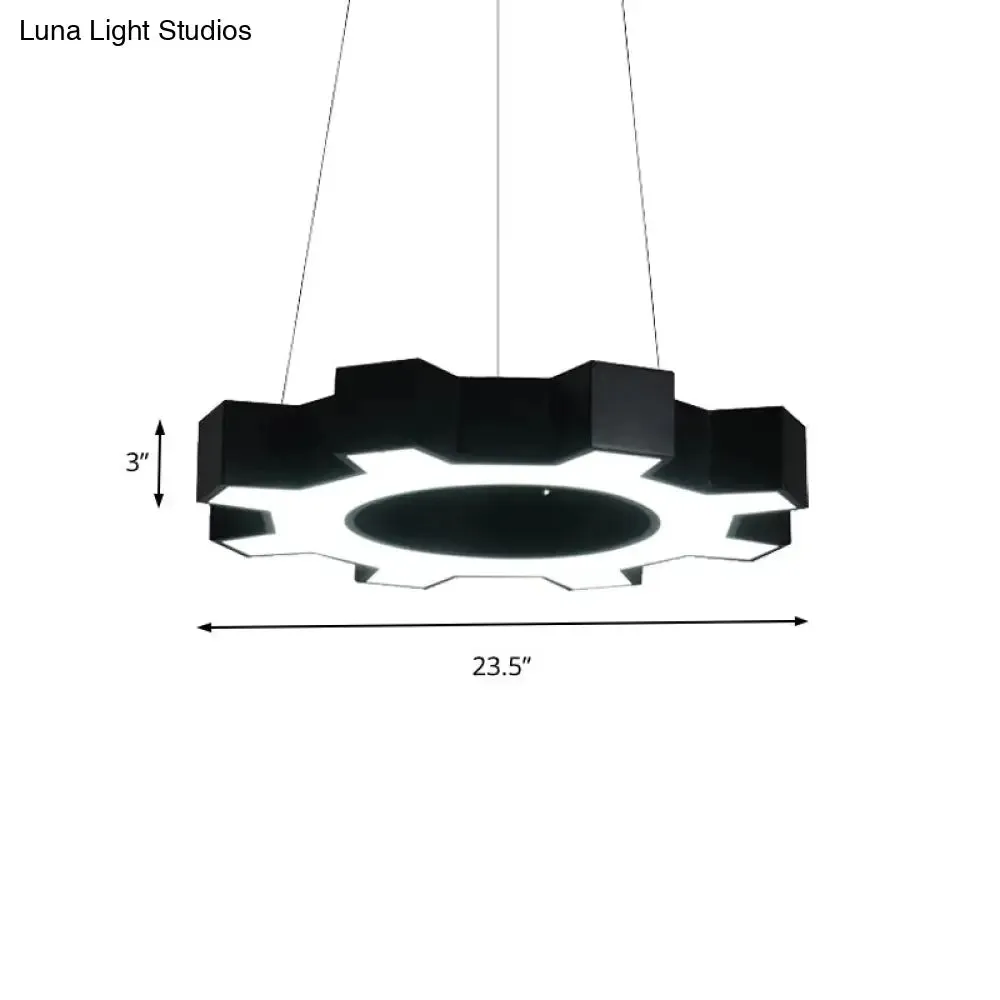 Contemporary Metal LED Pendant Lamp for Gym - Wide Gear Shape, White/Black, White/Warm Light