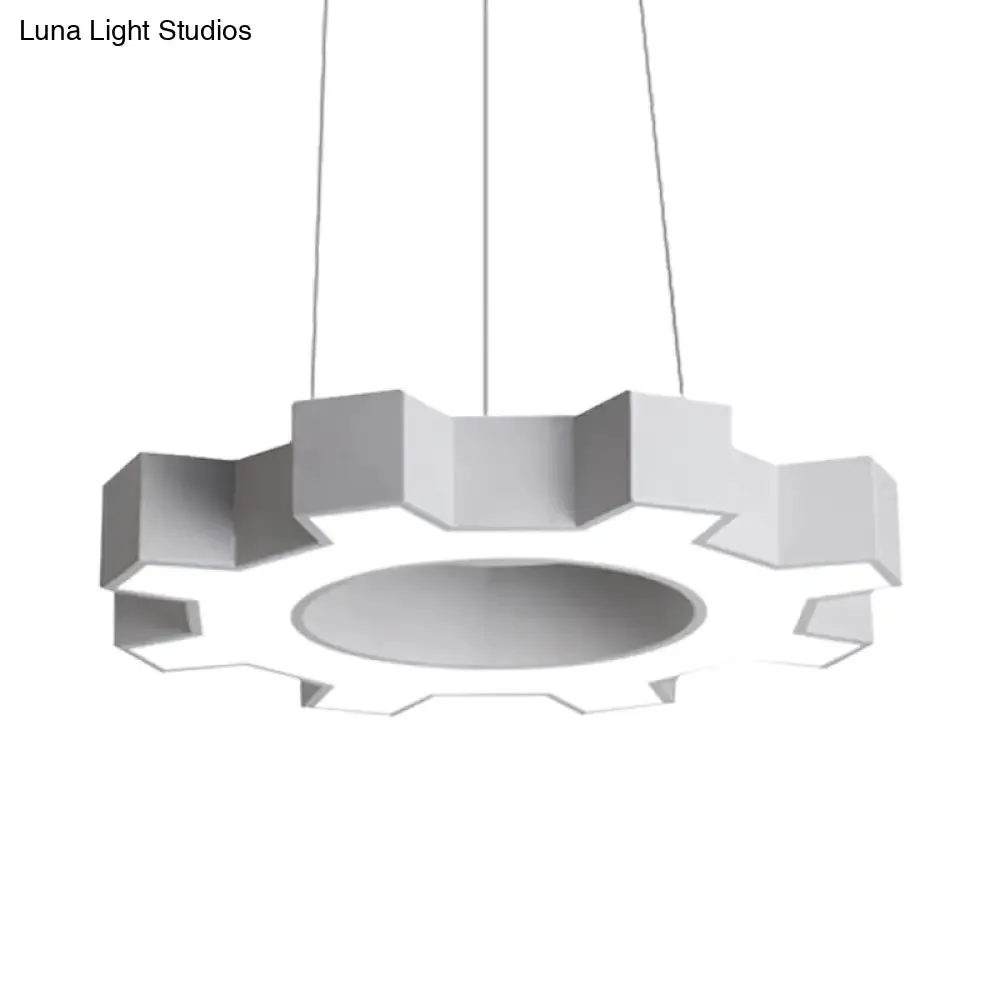 Contemporary Metal LED Pendant Lamp for Gym - Wide Gear Shape, White/Black, White/Warm Light