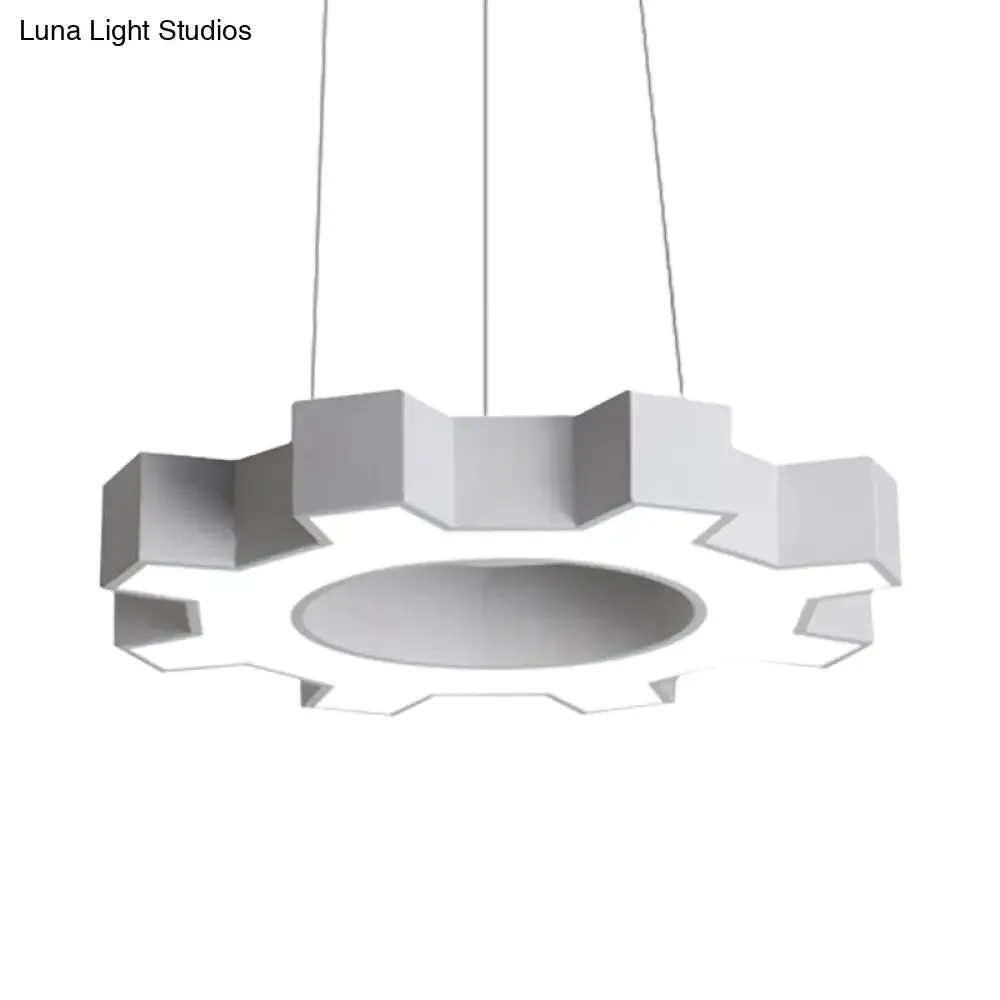 Contemporary Metal LED Pendant Lamp for Gym - Wide Gear Shape, White/Black, White/Warm Light