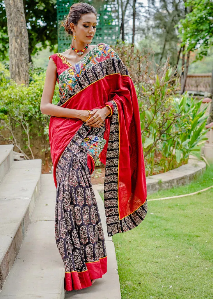 COTTON AJRAKH SAREE WITH INTRICATE MADHUBANI HAND PAINTED BORDER