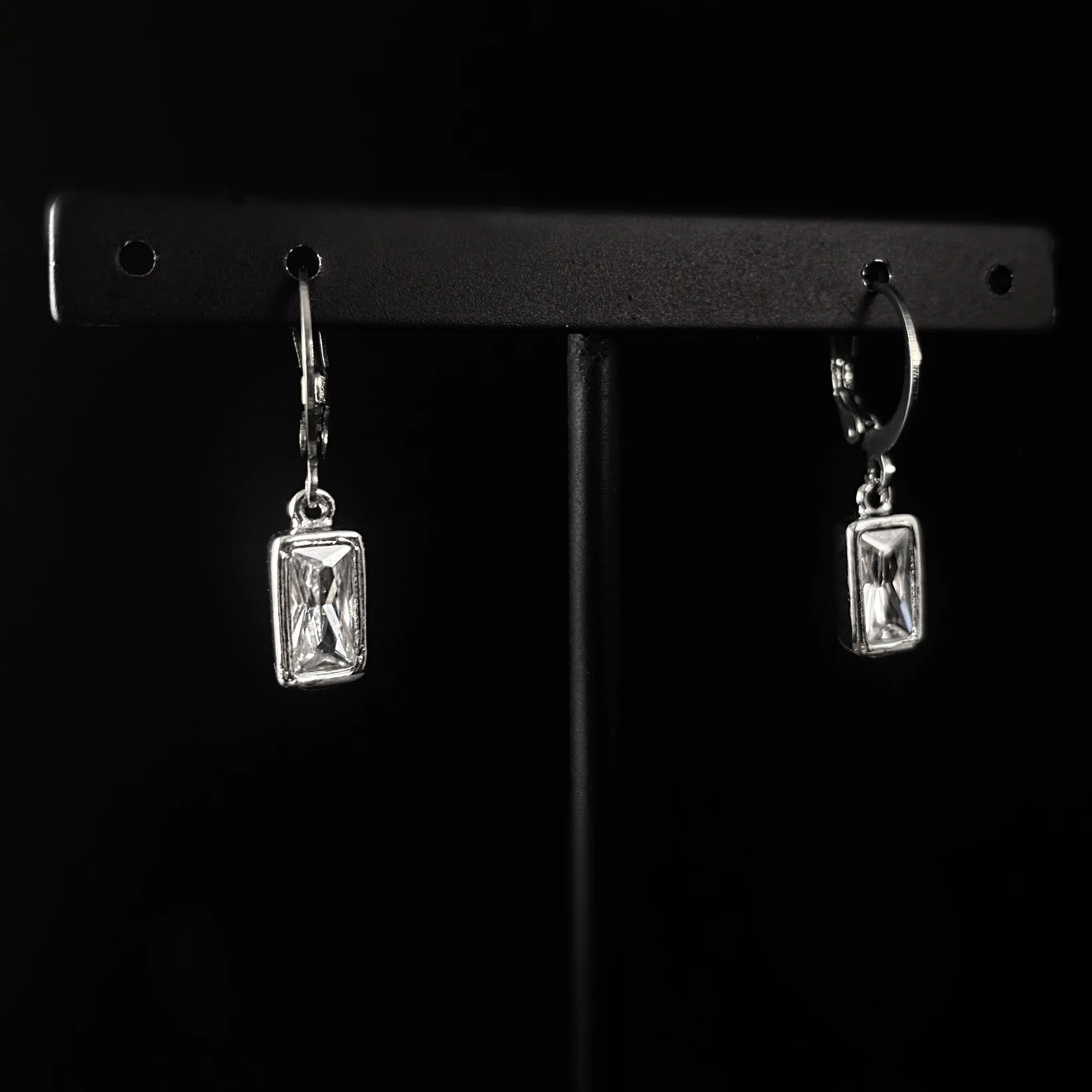 Dainty Silver Rectangle Clear Swarovski Crystal Earrings - VBC