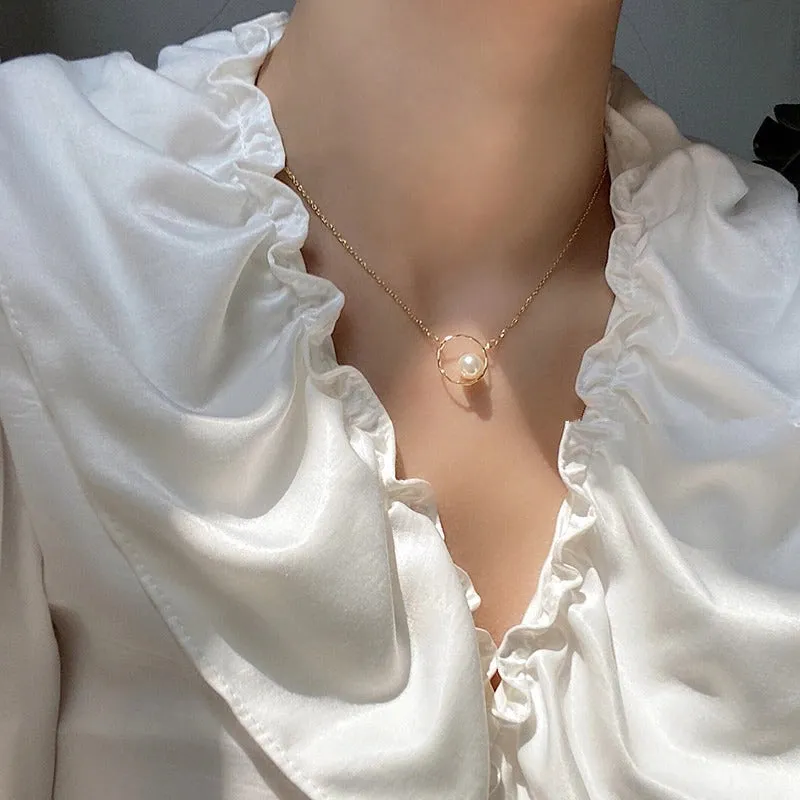 Delicate Gold Ring Pearl Necklace