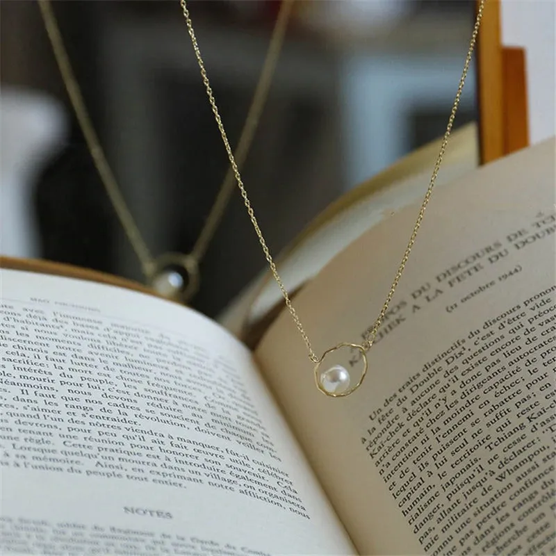 Delicate Gold Ring Pearl Necklace