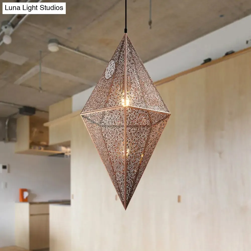 Diamond Ceiling Lighting - 10"/14"W Post-Modern Metal Pendant with Wire Mesh Cage, Gold/Rose Gold - 1 Light
