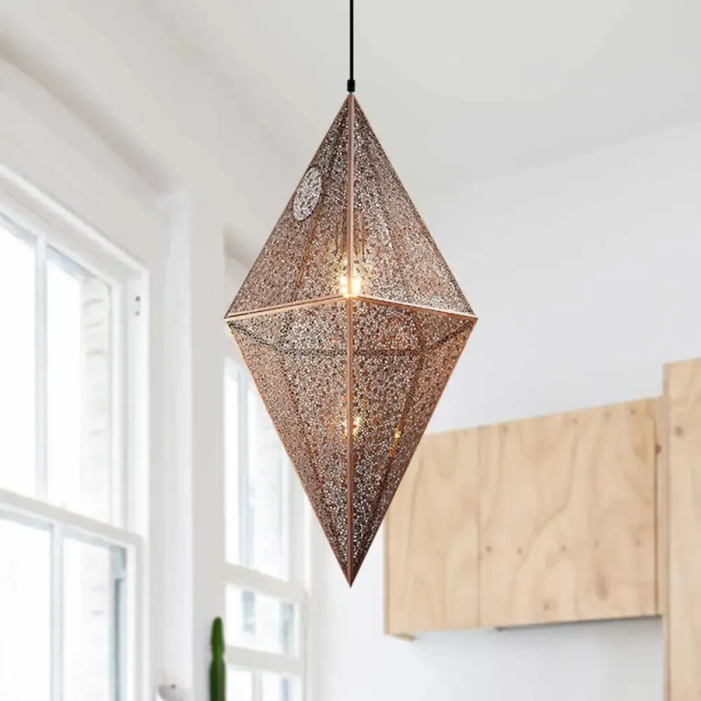 Diamond Ceiling Lighting - 10"/14"W Post-Modern Metal Pendant with Wire Mesh Cage, Gold/Rose Gold - 1 Light