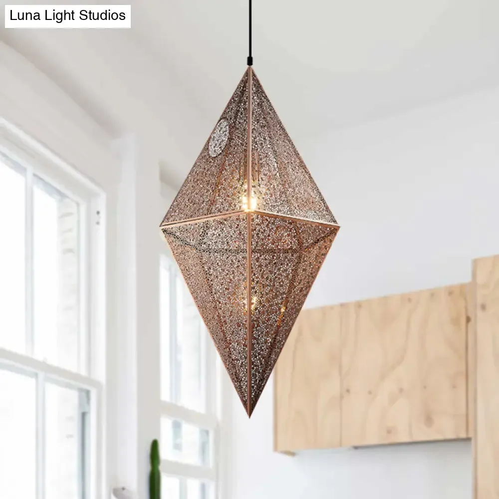 Diamond Ceiling Lighting - 10"/14"W Post-Modern Metal Pendant with Wire Mesh Cage, Gold/Rose Gold - 1 Light