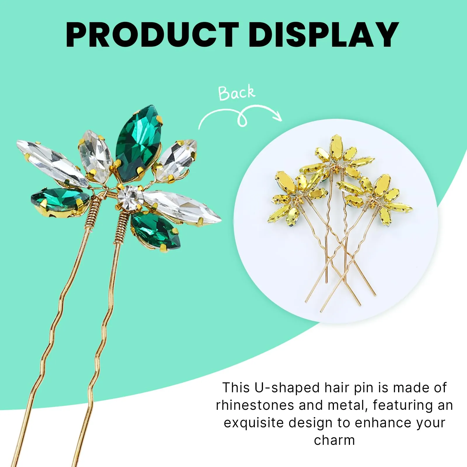 Dizila 12 Pack Gold Metal Emerald Green Rhinestone Party Prom Wedding Bridal U-shaped Hairpins Headpieces Accessories for Brides Bridesmaids Women Girls