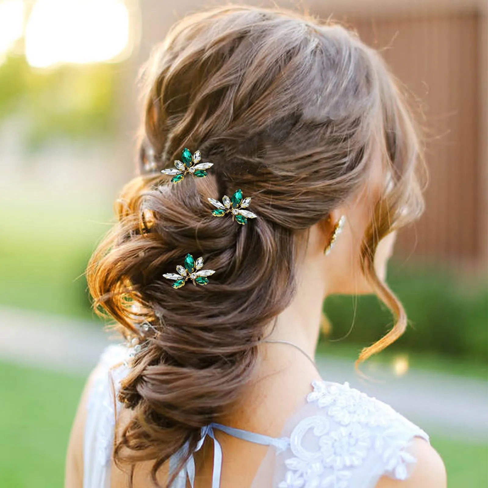 Dizila 12 Pack Gold Metal Emerald Green Rhinestone Party Prom Wedding Bridal U-shaped Hairpins Headpieces Accessories for Brides Bridesmaids Women Girls