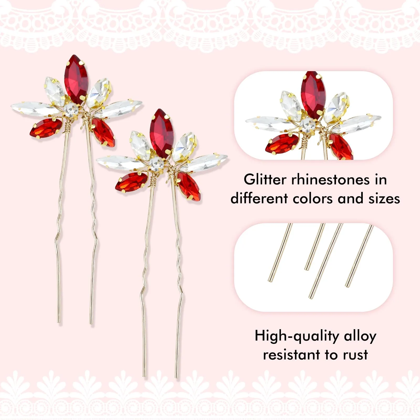 Dizila 12 Pack Red Sparkly Rhinestone Party Prom Wedding Bridal U-shaped Hairpins Headpieces Hair Accessories for Brides Bridesmaids Women Girls