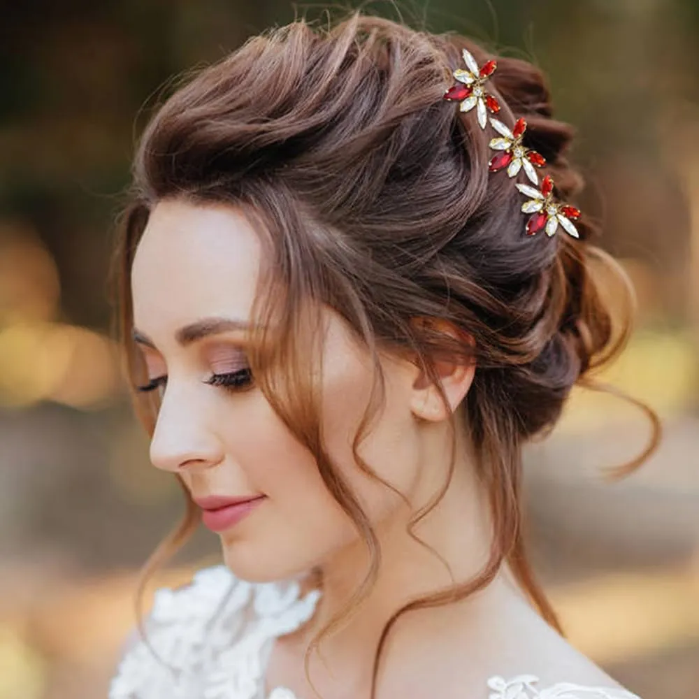 Dizila 12 Pack Red Sparkly Rhinestone Party Prom Wedding Bridal U-shaped Hairpins Headpieces Hair Accessories for Brides Bridesmaids Women Girls