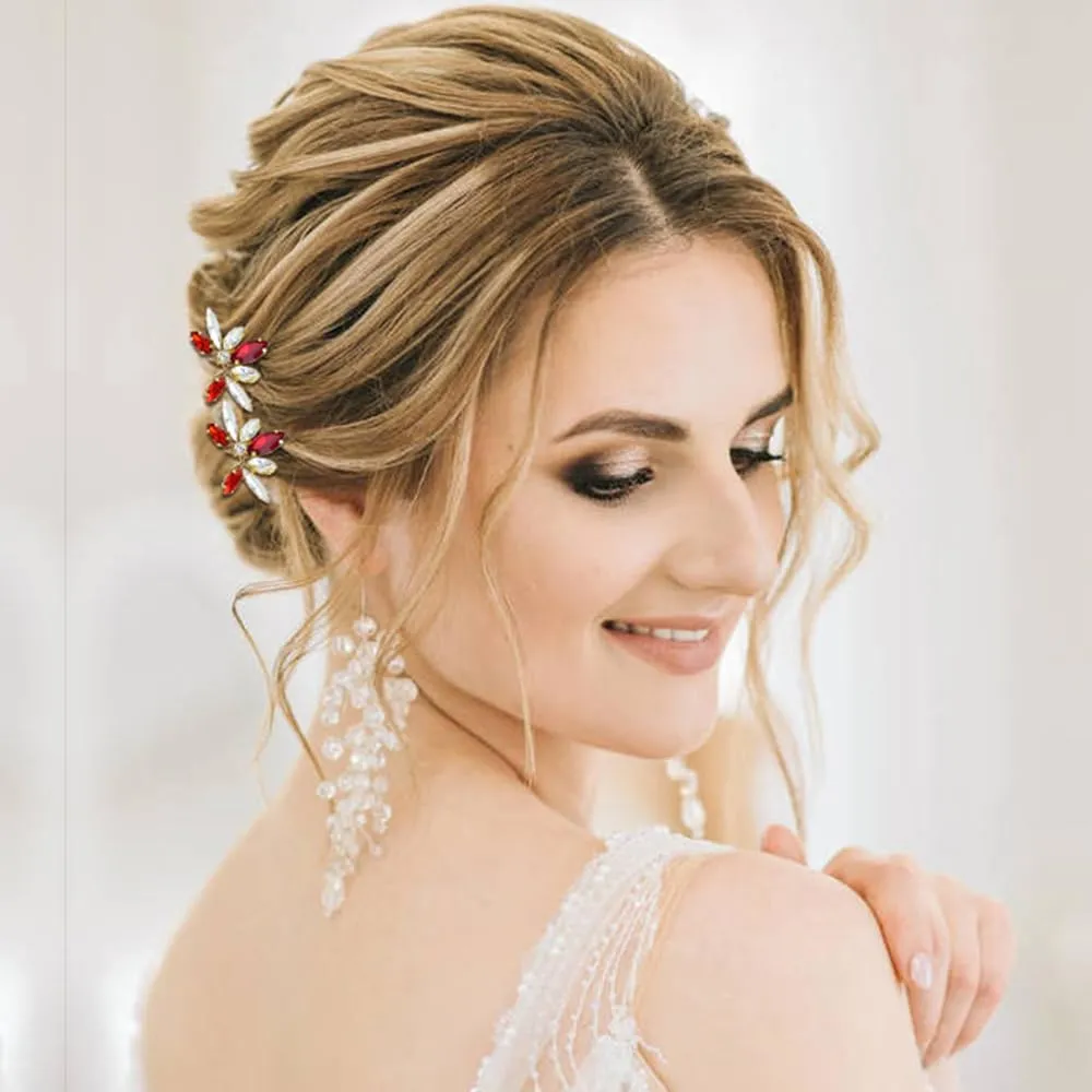 Dizila 12 Pack Red Sparkly Rhinestone Party Prom Wedding Bridal U-shaped Hairpins Headpieces Hair Accessories for Brides Bridesmaids Women Girls