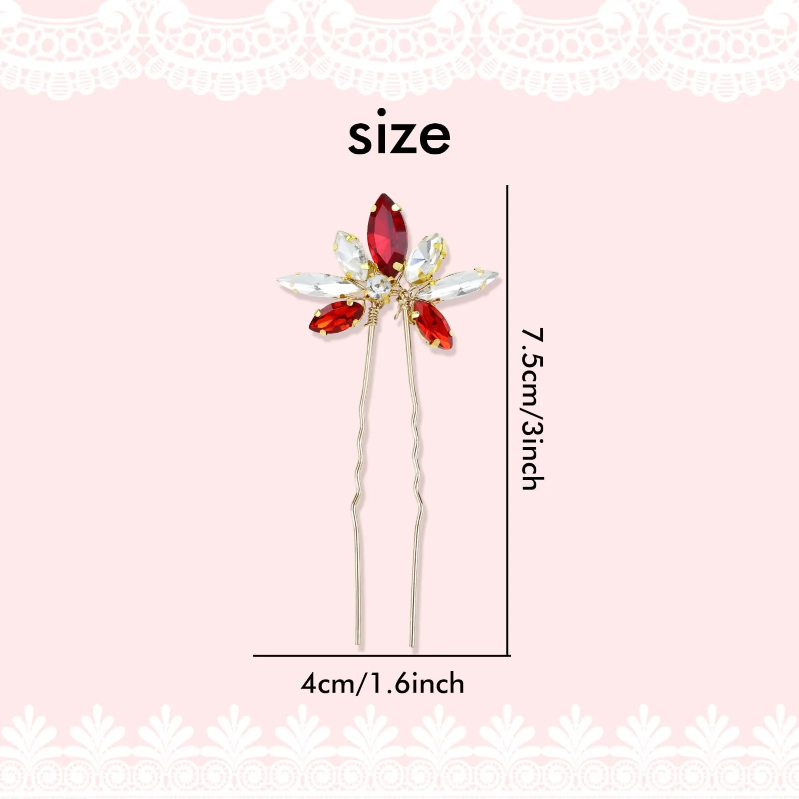 Dizila 12 Pack Red Sparkly Rhinestone Party Prom Wedding Bridal U-shaped Hairpins Headpieces Hair Accessories for Brides Bridesmaids Women Girls