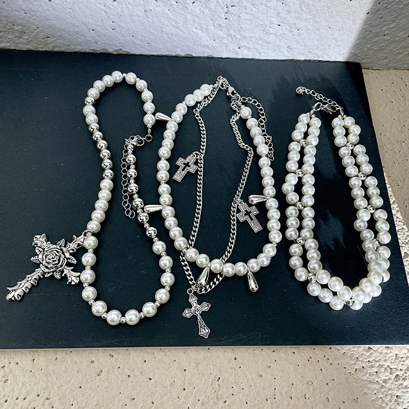 Elegant Multi-Layered Faux Pearl & Rhinestone Cross Pendant Necklace - Luxurious Clavicle Chain for Women, Perfect for Gifts & Parties
