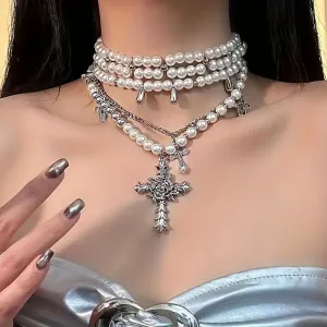 Elegant Multi-Layered Faux Pearl & Rhinestone Cross Pendant Necklace - Luxurious Clavicle Chain for Women, Perfect for Gifts & Parties