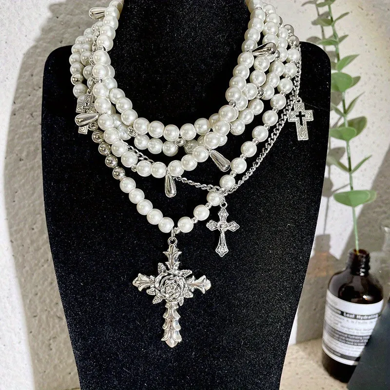 Elegant Multi-Layered Faux Pearl & Rhinestone Cross Pendant Necklace - Luxurious Clavicle Chain for Women, Perfect for Gifts & Parties