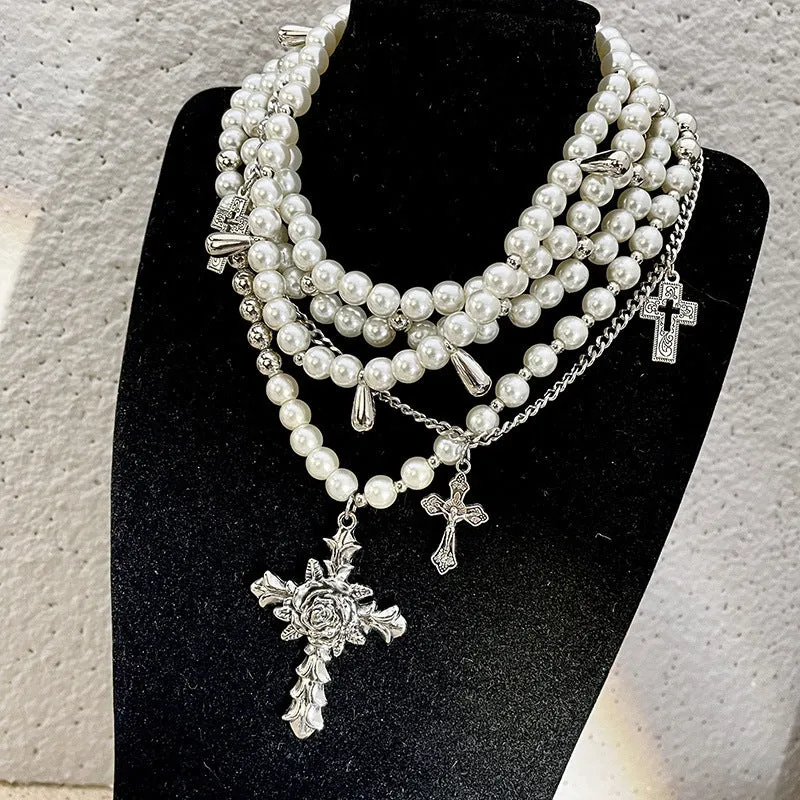 Elegant Multi-Layered Faux Pearl & Rhinestone Cross Pendant Necklace - Luxurious Clavicle Chain for Women, Perfect for Gifts & Parties