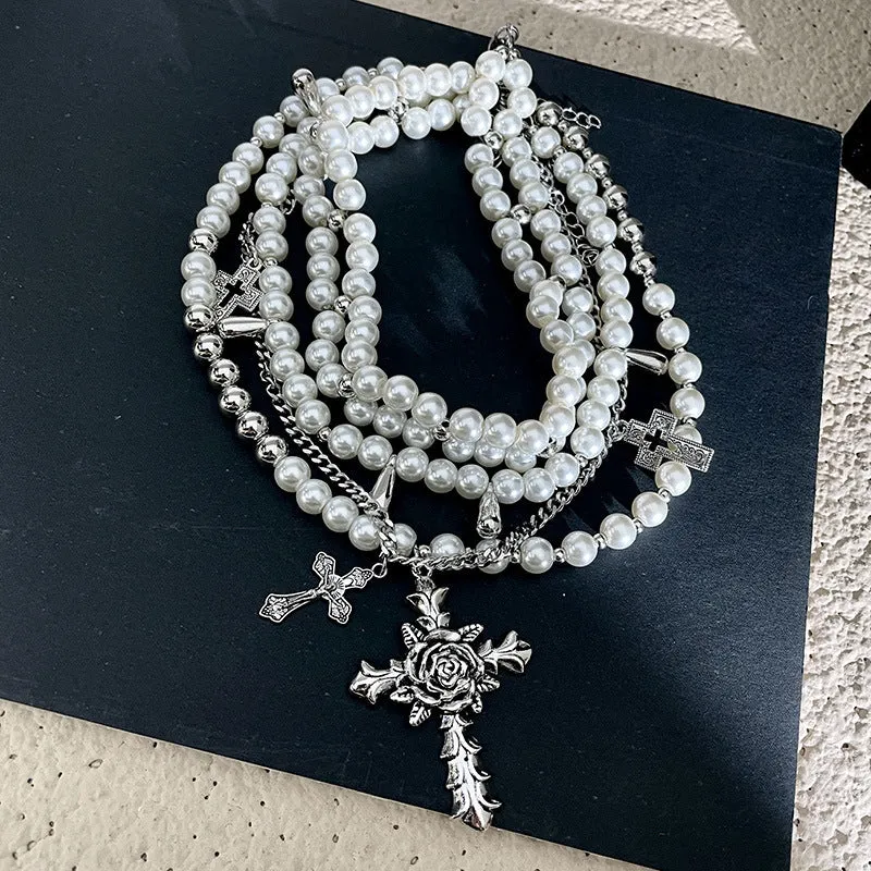 Elegant Multi-Layered Faux Pearl & Rhinestone Cross Pendant Necklace - Luxurious Clavicle Chain for Women, Perfect for Gifts & Parties