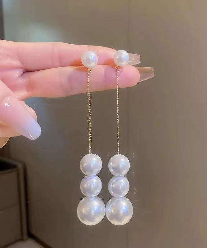 Elegant White Sterling Silver Overgild Pearl Tassel Drop Earrings