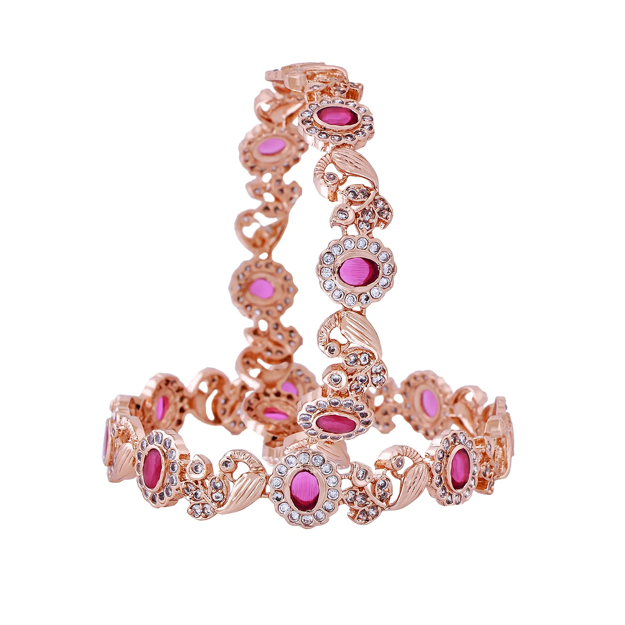 Estele Gold Plated Graceful Peacock Designer 2:6 Size Bangles with Ruby American Diamond|Elegant Traditional Jewelry for Women