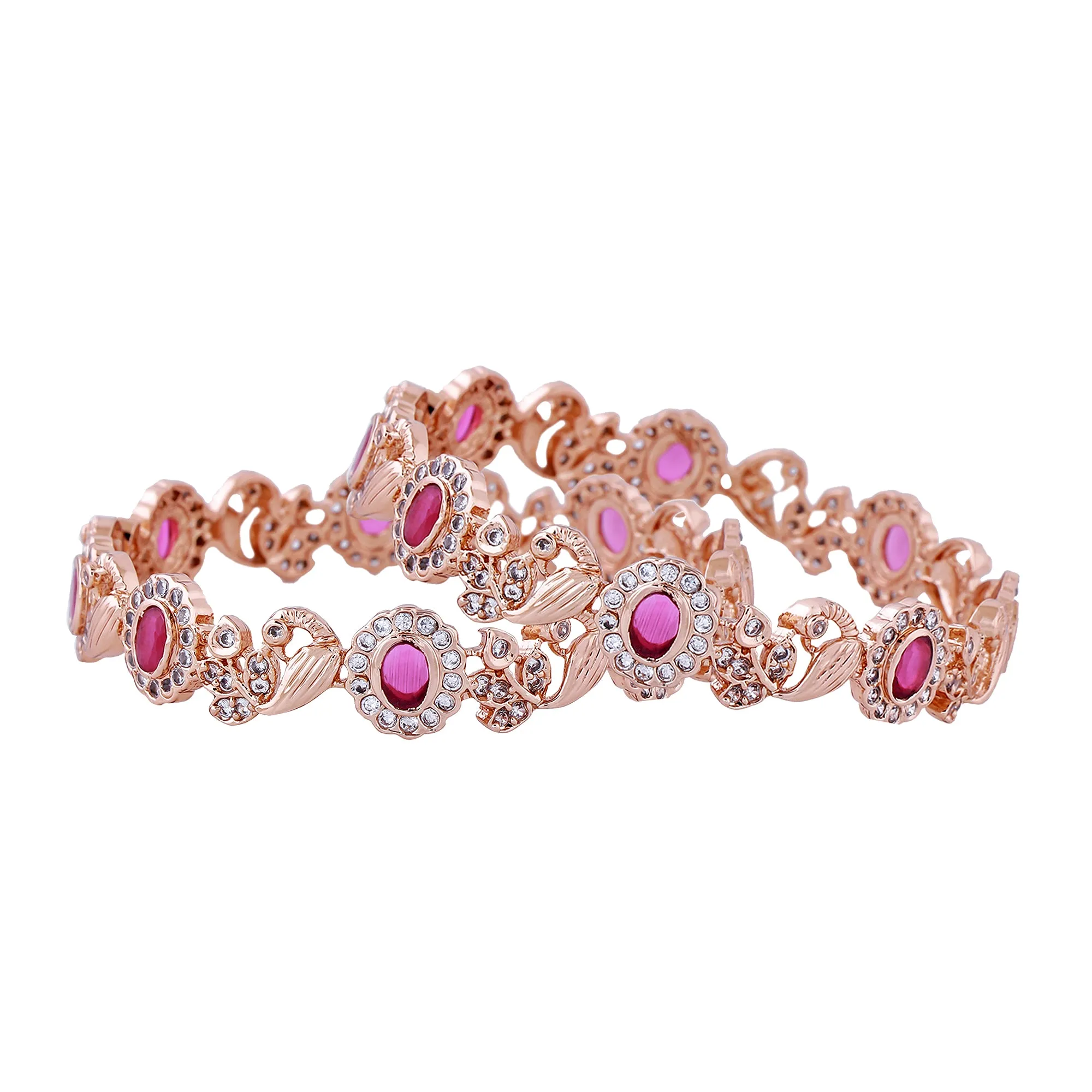 Estele Gold Plated Graceful Peacock Designer 2:6 Size Bangles with Ruby American Diamond|Elegant Traditional Jewelry for Women