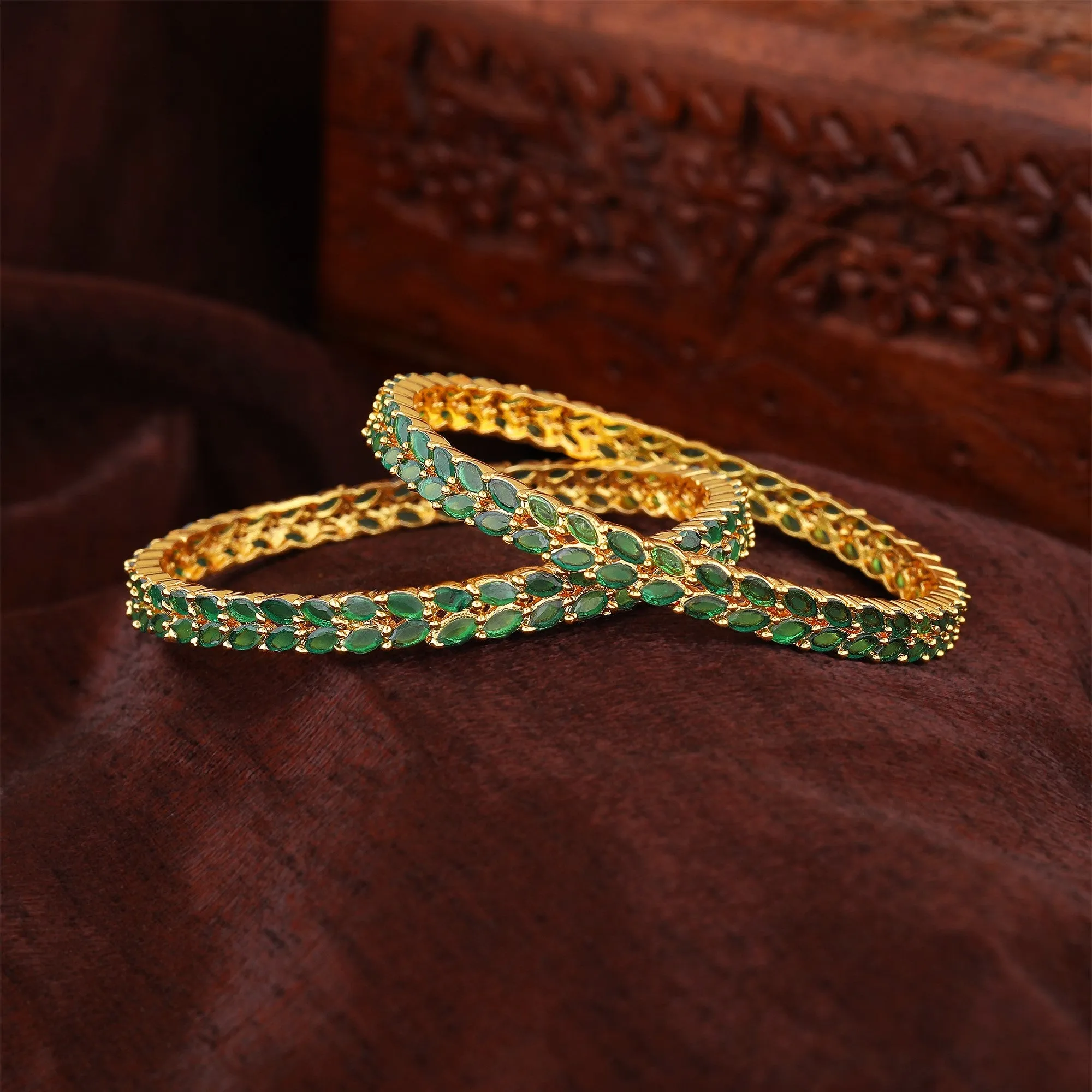 Estele Gold Plated Intricate Leafy Designer 2:6 Size Bangles with Green American Diamonds| Graceful Designer Jewelry for Women